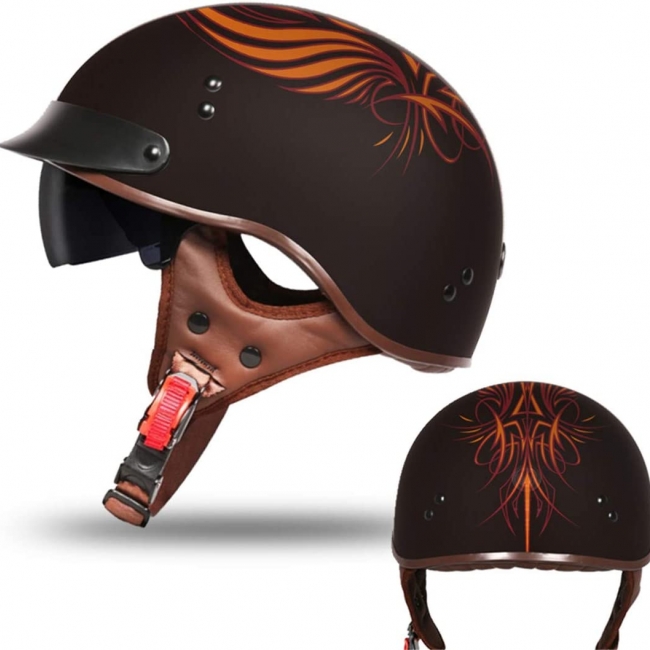 Sunburst Pinstriped Half Shell Motorcycle Helmet w/ drop-down Sun Visor 